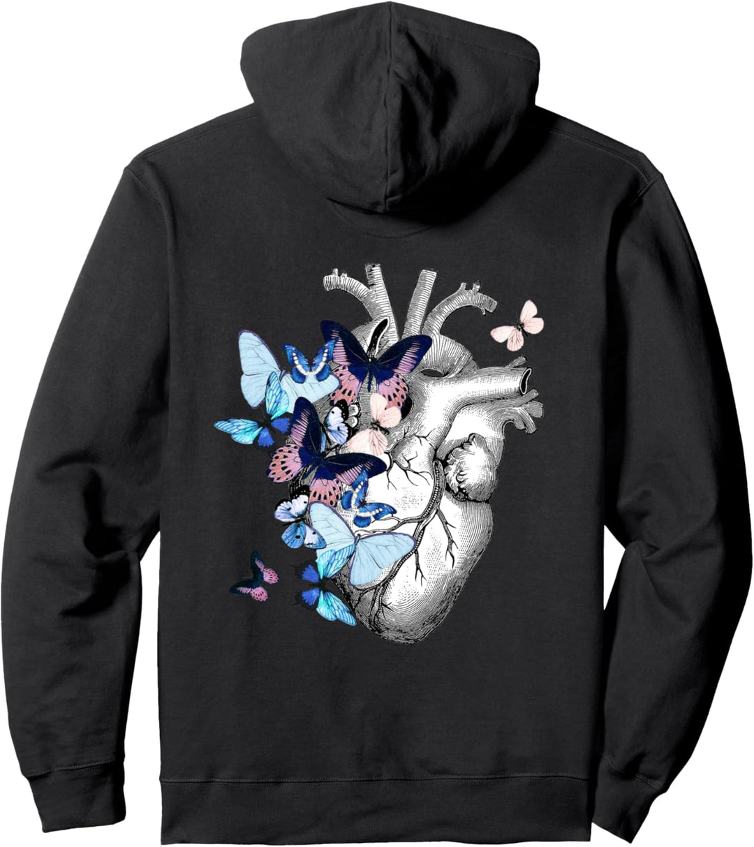 Anatomisches Herz mit blauen Schmetterlingen, menschliches Herz Zeichnung Pullover Hoodie