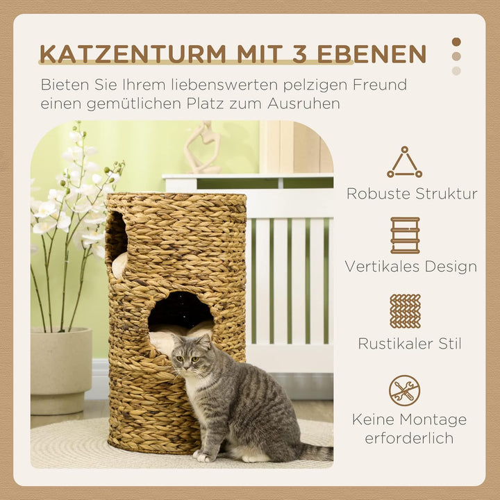 PawHut Kratztonne, 73 cm hoch Katzentonne mit 3 Höhle, Kratzbaum mit Kissen, Katzenturm aus Wasserhy