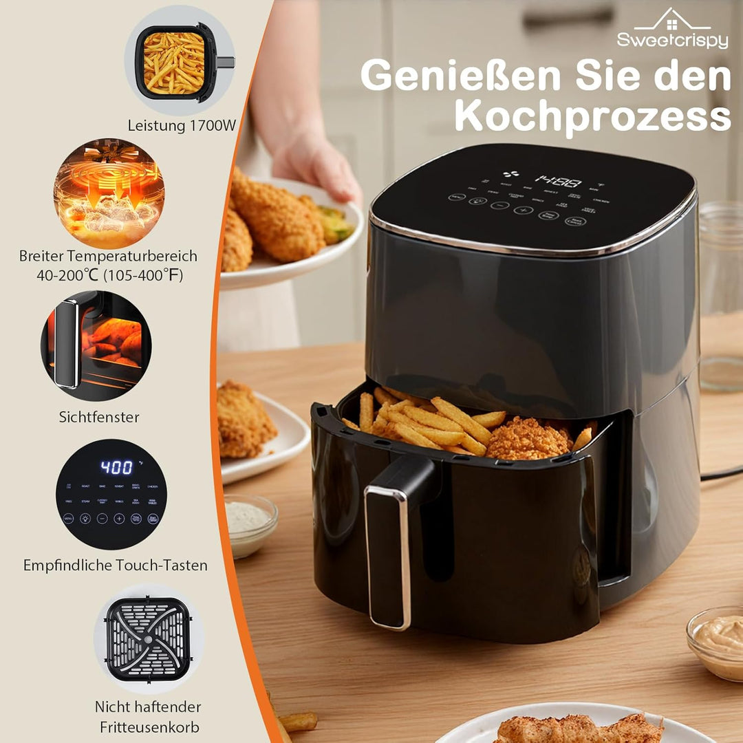 Sweetcrispy Heissluftfritteuse Airfryer 6L mit Sichtfenster, 12-in-1 Funktionen & Touchscreen Air Fr