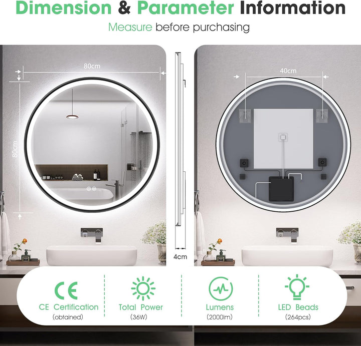 S'bagno Badspiegel mit Beleuchtung 80cm, Spiegel Rund mit Beleuchtung mit Aluminiumrahmen, Entfoggen