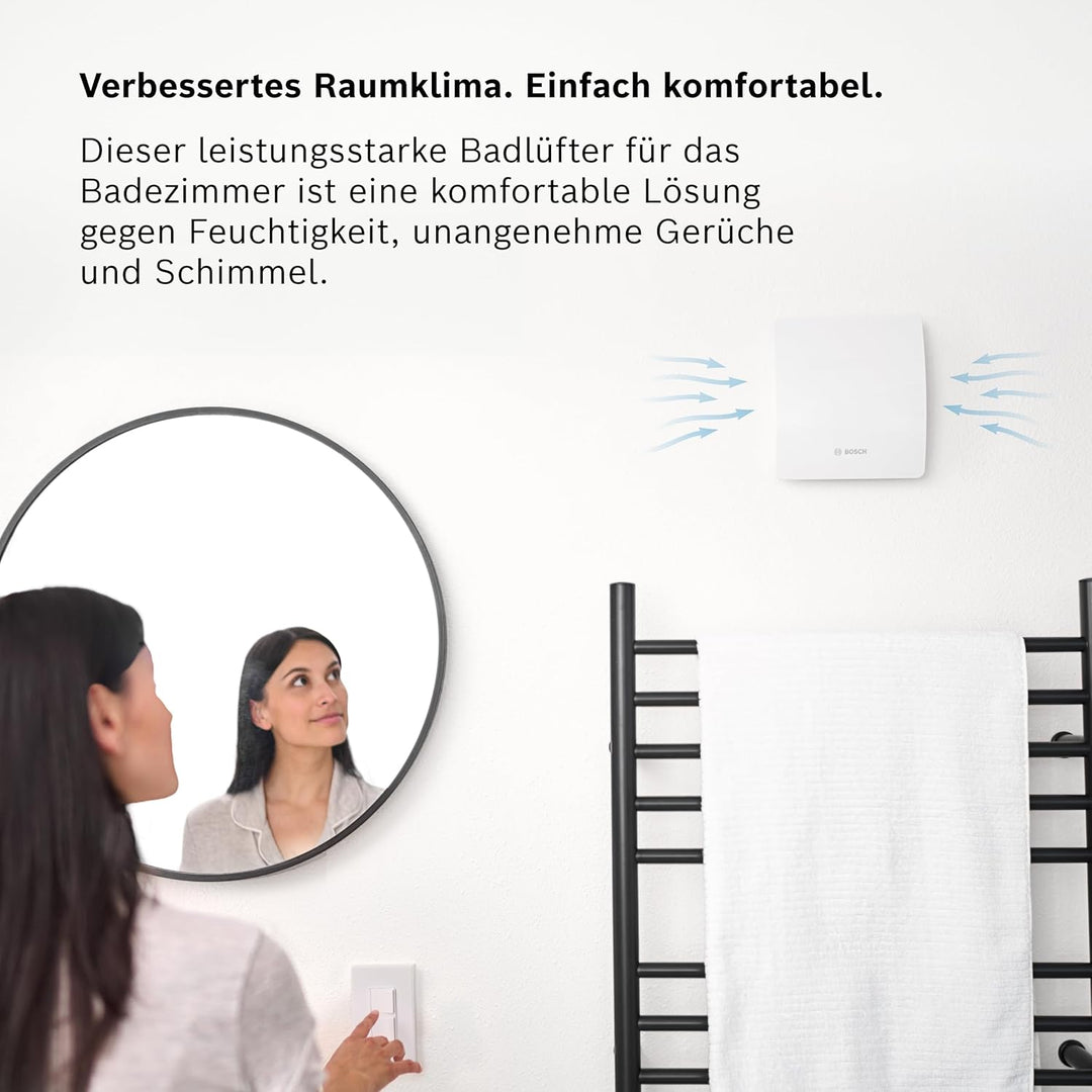 Bosch Badlüfter Fan 1500 125mm Durchmesser, mit Lichtschalter-Aktivierung zur Wandmontage inkl. Schr