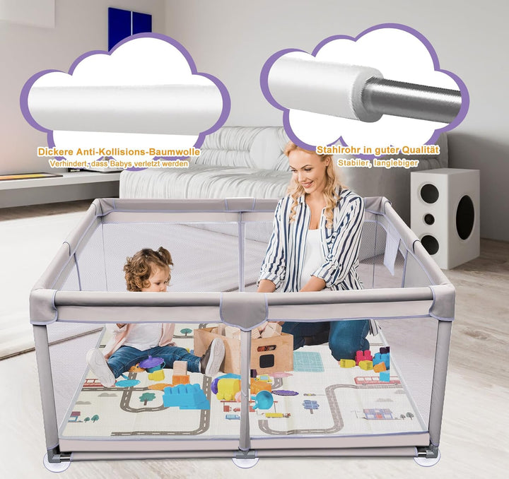 Grosser Laufstall Baby 180 x 200 x 66cm,Laufgitter Baby XXL mit Matratze, Rutschfestem Oxford Bottom