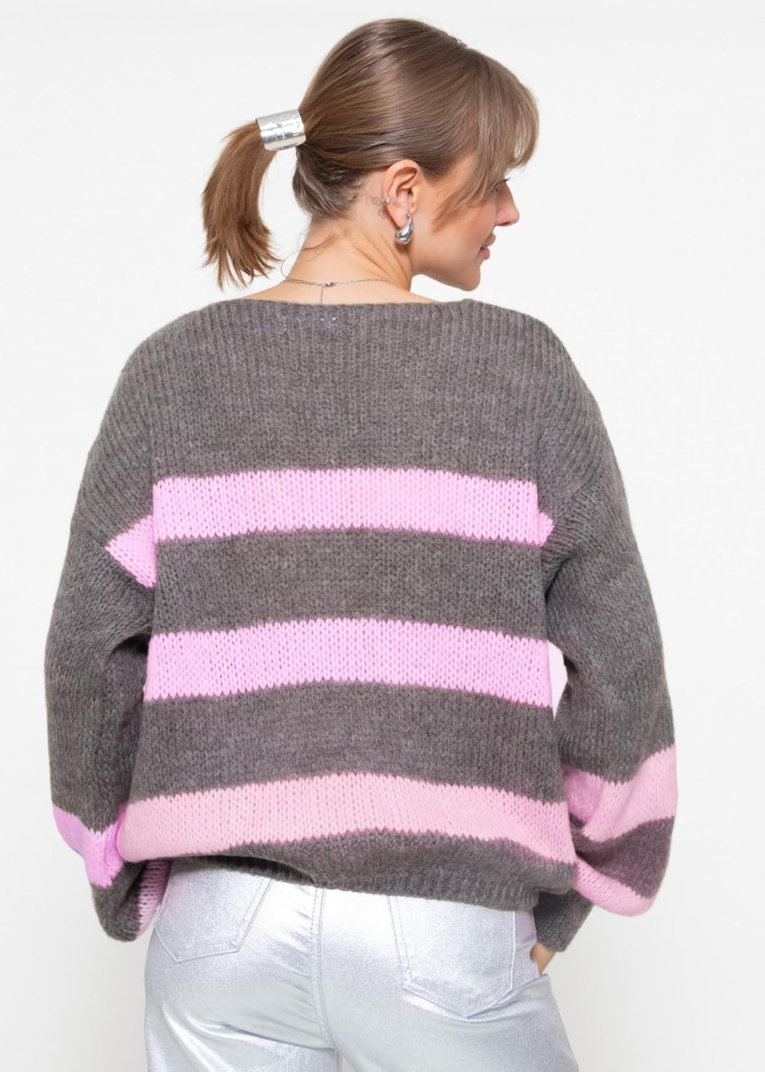 SASSYCLASSY Streifen Strickpullover Damen Oversize - Madie in Italy - grobmaschig V Ausschnitt Pulli