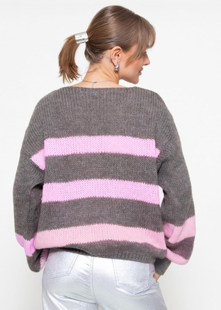 SASSYCLASSY Streifen Strickpullover Damen Oversize - Madie in Italy - grobmaschig V Ausschnitt Pulli