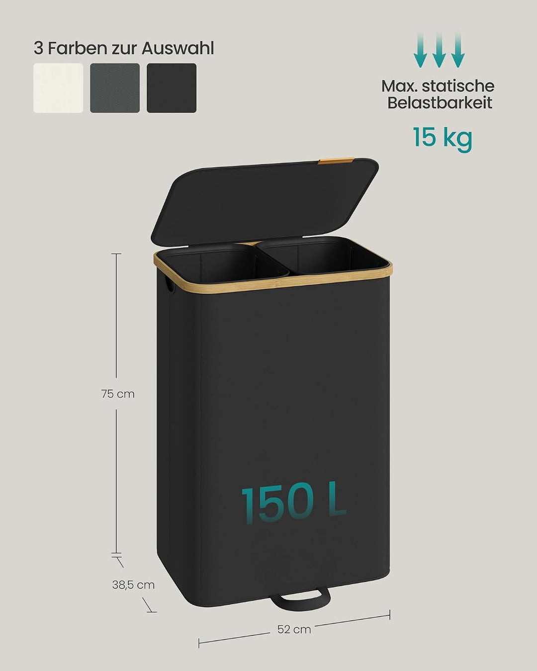 SONGMICS Wäschekorb mit Deckel, Wäschesammler, Wäschesortierer, Wäschetonne, Wäschesack herausnehmba