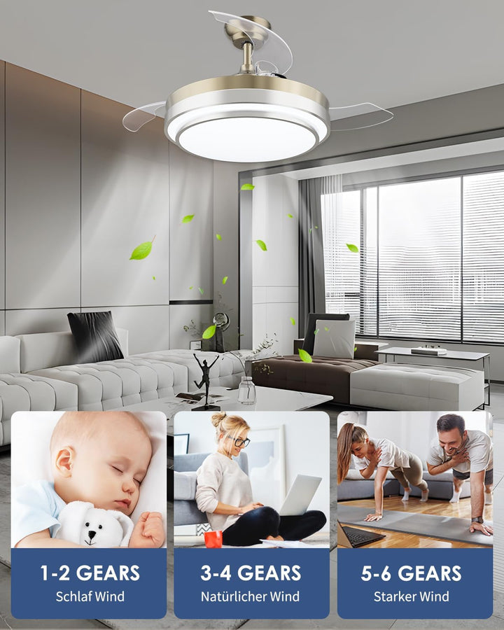 CJOY Deckenventilator Einziehbar, 107cm Deckenventilator mit Beleuchtung und Fernbedienung Leise, 6