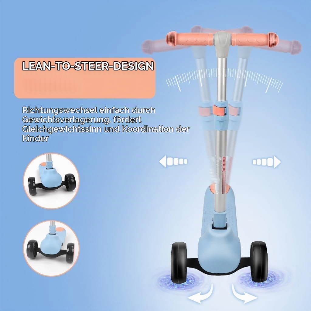 Kinderroller ab 3 Jahren, Roller Kinder mit LED-Rädern, Faltbare Kinderscooter für 3-10 Jahren Blau,