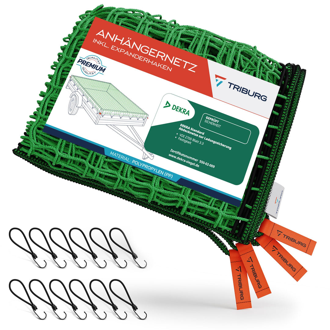 TRIBURG Anhängernetz 3x4 inkl. 12x Expander Haken - Anhänger Netz mit Eckmarkierungen und Randverstä