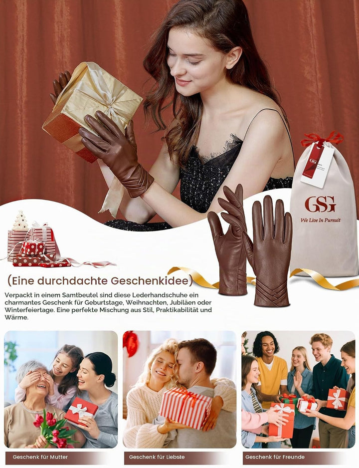 GSG SINCE 1998 Echtes Lammfell Lederhandschuhe für Damen Warm Gefütterte Touchscreen Winterhandschuh