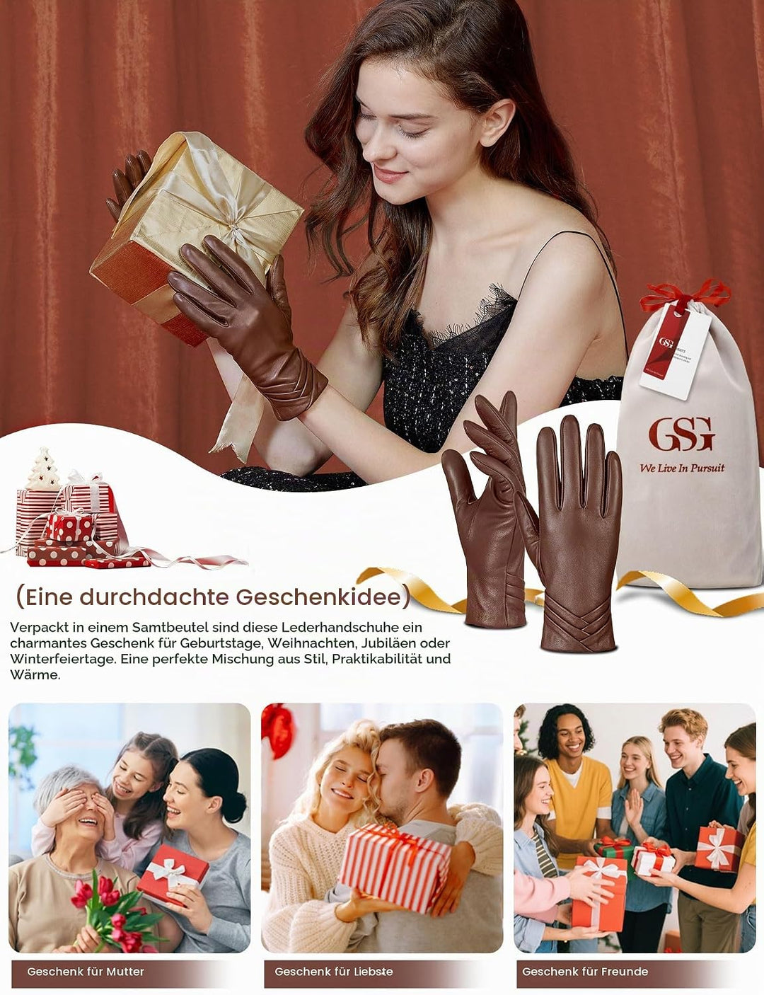 GSG SINCE 1998 Lederhandschuhe Damen aus chromfreiem Lammfell, Gefüttert mit Wolle/Kunstfell, Thermo