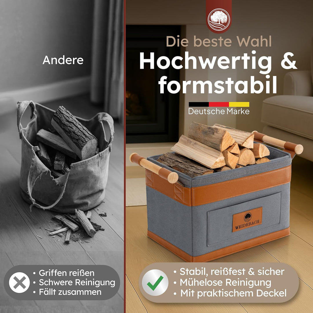 WEIDEBACH® Holzkorb für Kaminholz 35L (erweiterbar auf 50L), Kaminholzkorb grau schwer belastbar, Fe
