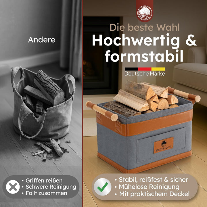 WEIDEBACH® Holzkorb für Kaminholz 35L (erweiterbar auf 50L), Kaminholzkorb grau schwer belastbar, Fe