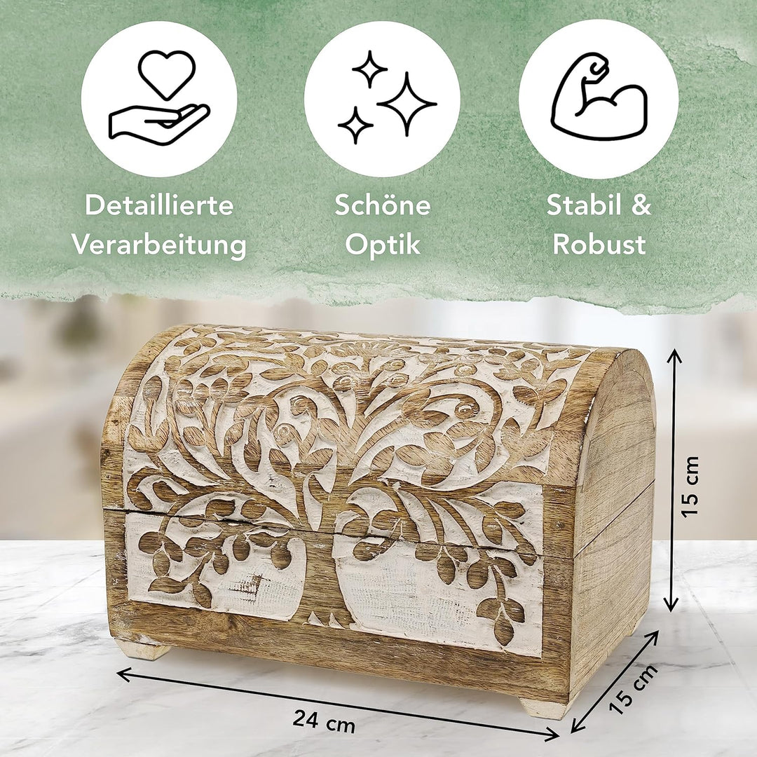 Kunstversteck Schatzkiste Baum des Lebens, massive Holz-Schatulle Dekobox 24x 15 x 15 cm, white wash