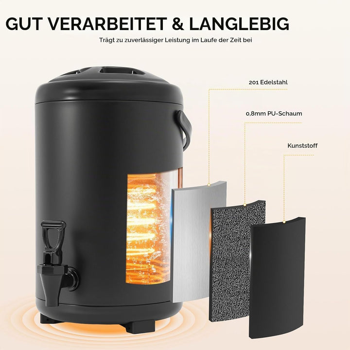 10L Isolierter Getränkespender Edelstahl mit Zapfhahn Gastro Transport Thermobehälter für Heisse&amp;Kal