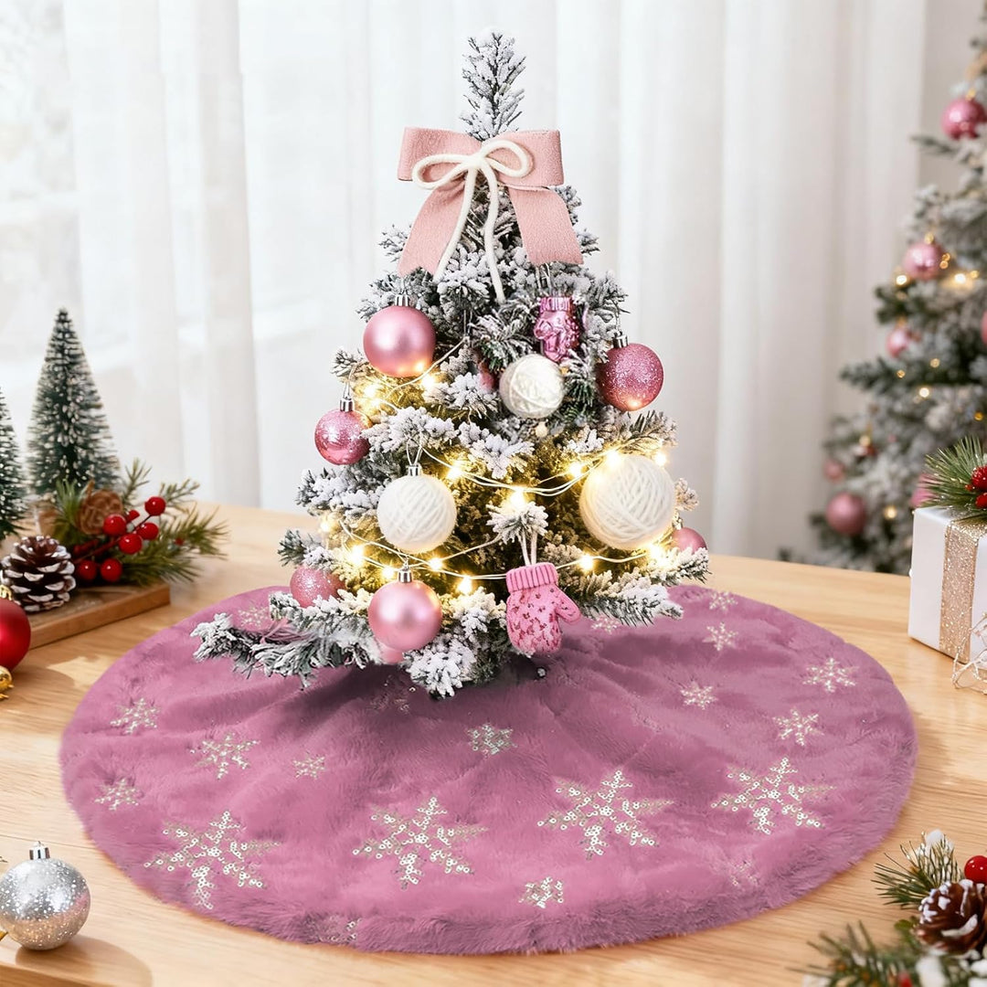 Weihnachtsbaum Decke Klein Rosa, 60cm Mini Tannenbaum Decke Kunstfell, Christbaumdecke mit silberner