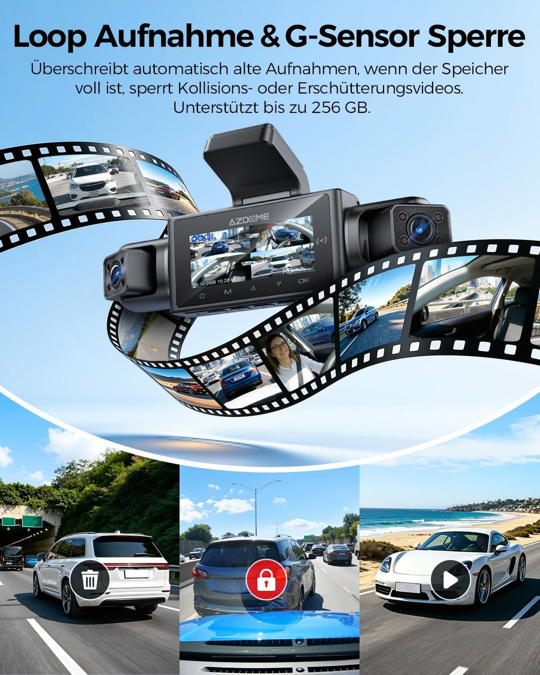AZDOME Dashcam Auto 4 Kanal 360 Grad Dashcam mit Apple Find My (nur iOS), 5.8GHz WiFi, 64-GB-Karte,