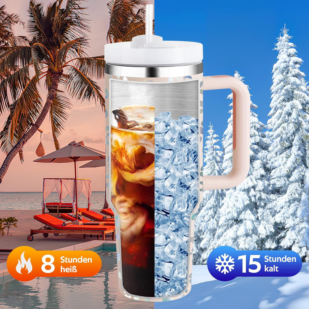 40oz Thermobecher mit Strohhalm und Henkel, Aufgewertet Doppelwandiger Edelstahl Heisse Kalte Geträn