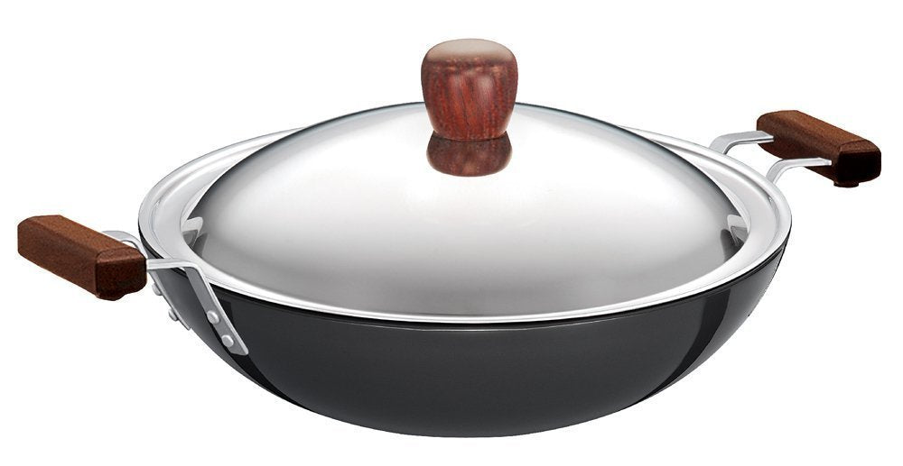 Futura Hard eloxiert deep-fry Pan (Kadhai) mit Stahl Deckel und flacher Boden 3.75L, 3.75L