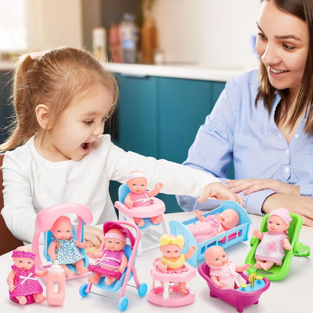 deAO 8 Stück Mini-Babypuppe mit Zubehör, Reborn Puppen Spielset mit Puppenwagen, Badespielzeug, Pupp