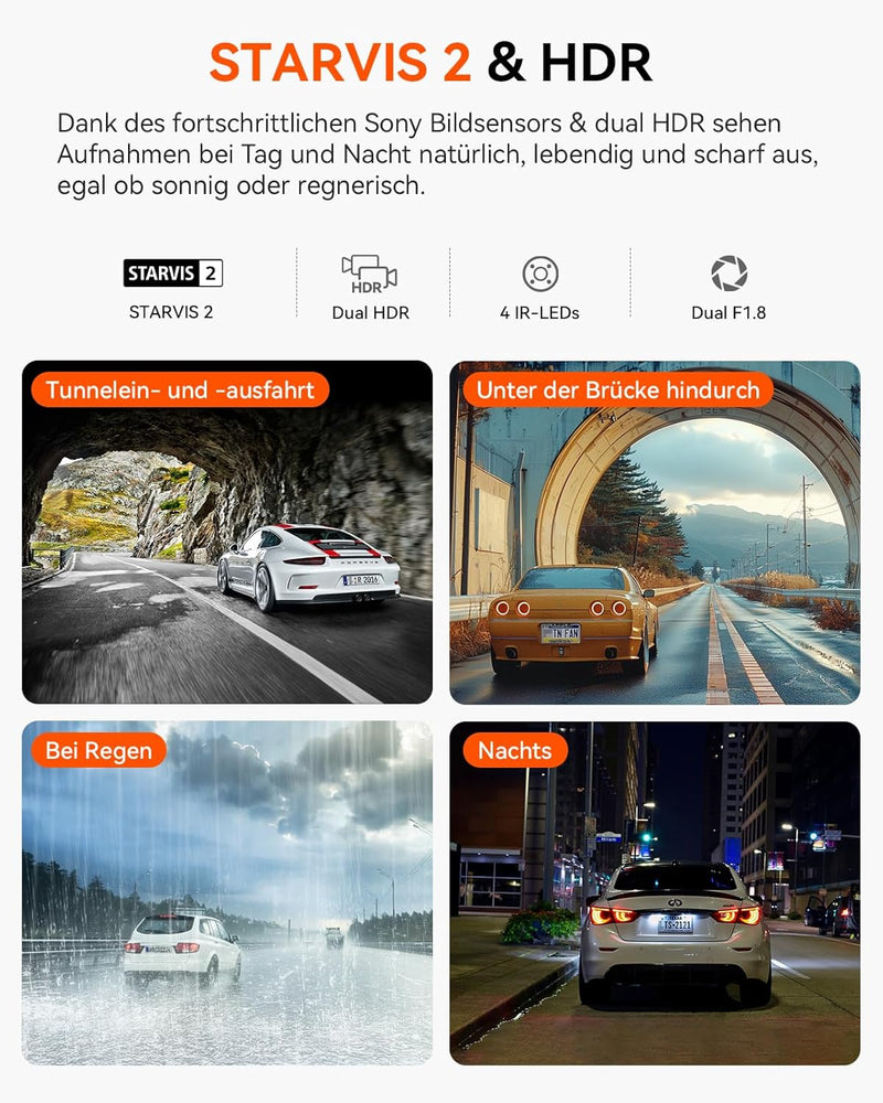 VANTRUE N2X 2.7K+1080P Dashcam Auto Vorne Innen, STARVIS 2 Dual HDR Nachtsicht Dash Cam, 2.5K/60FPS