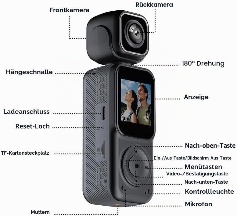 4K Vlog Kamera mit WLAN, Dual Kamera und 180° Schwenkobjektiv, Mini Pocket Camera mit 1,5 Zoll IPS D