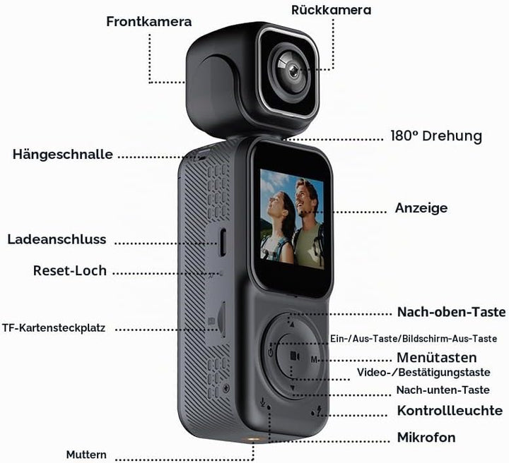 4K Vlog Kamera mit WLAN, Dual Kamera und 180° Schwenkobjektiv, Mini Pocket Camera mit 1,5 Zoll IPS D
