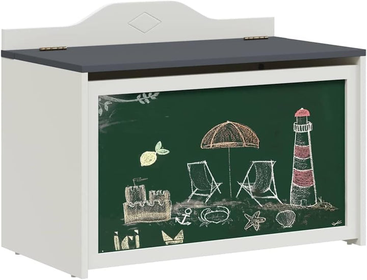 Box mit Stauraum und Tafelvorderseite ROROS Grau und Weiss aus Holzwerkstoff 73x40x55 cm mit Klappde
