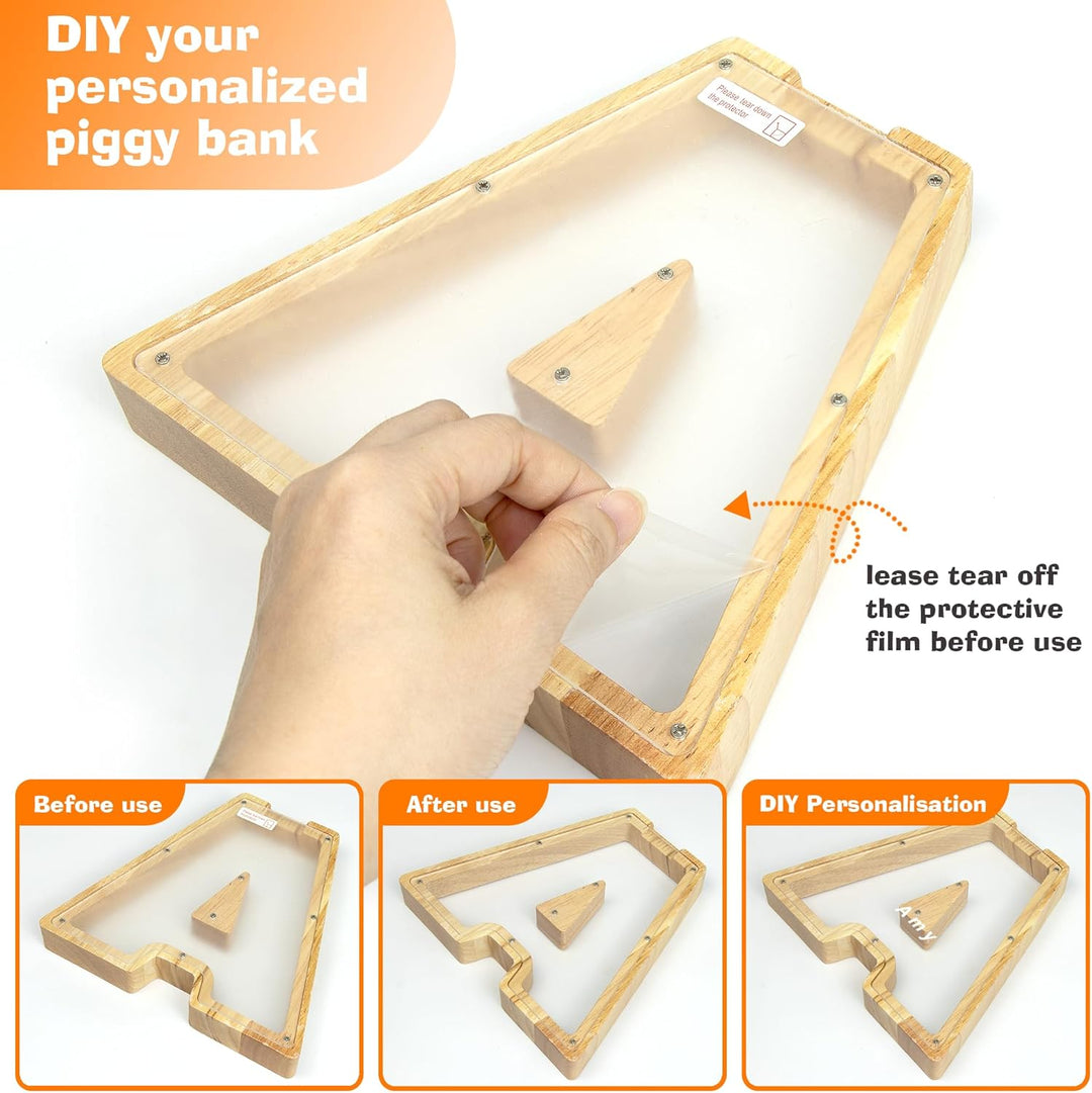 DBPBToU Spardose aus Holz Buchstaben, Sparschwein Durchsichtig für Kinder, Sparbox Personalisierte,
