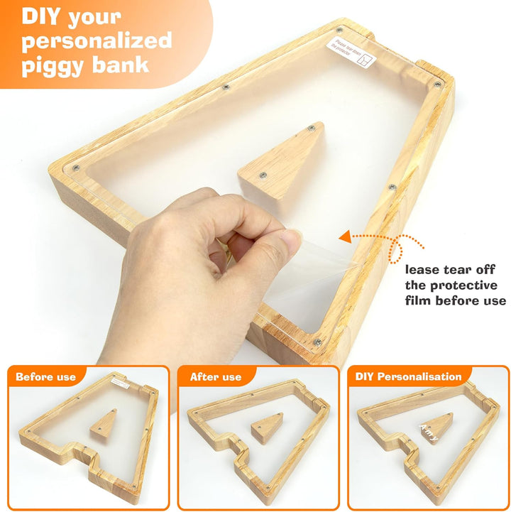 DBPBToU Spardose aus Holz Buchstaben, Sparschwein Durchsichtig für Kinder, Sparbox Personalisierte,