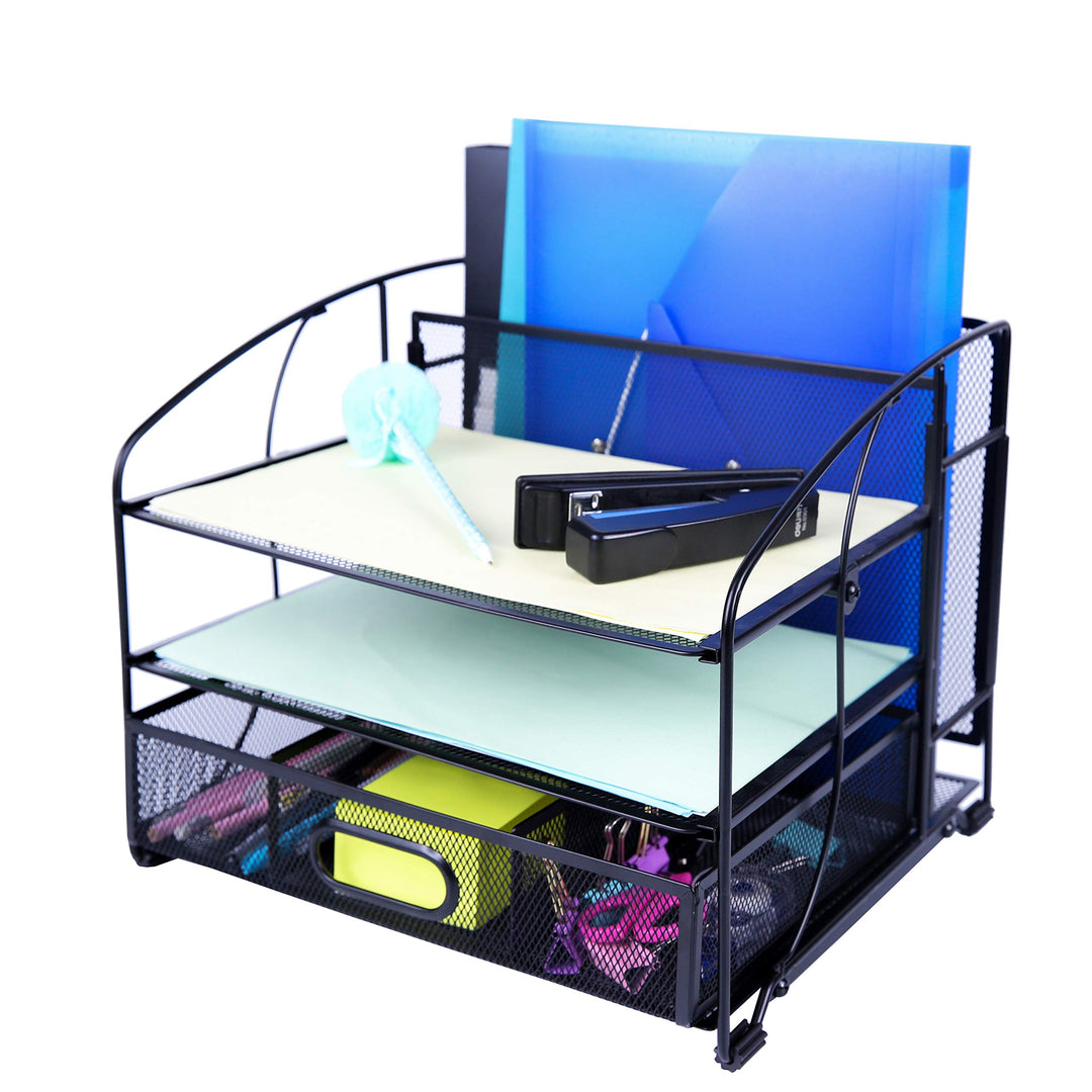 EXERZ Tisch-Organizer Aus Metalldraht Bürobedarf 3 Tabletts/Desktop-Aktenhalter Mit Schiebeschublade