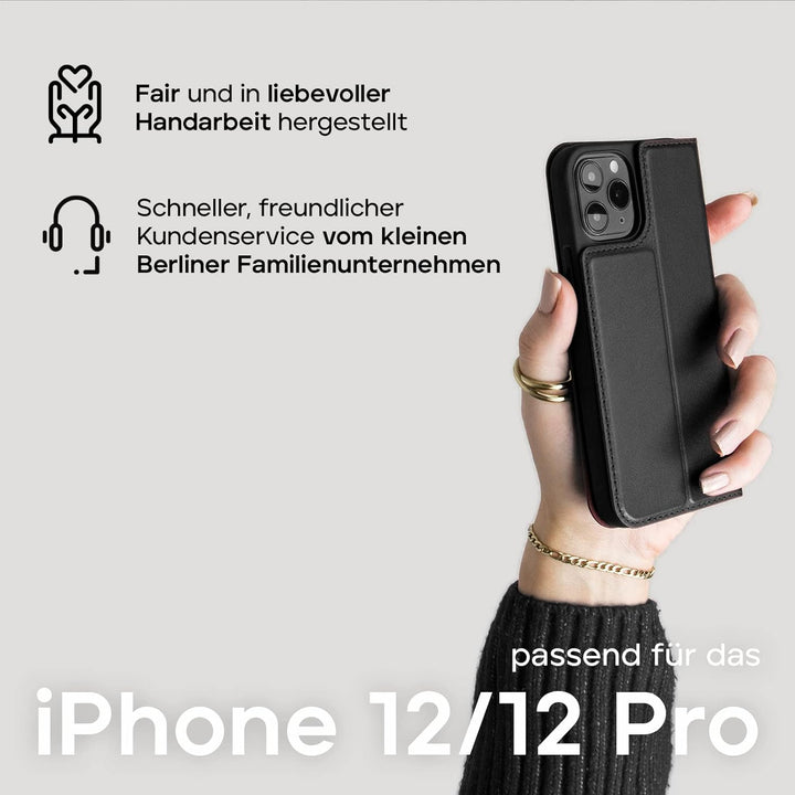 WIIUKA Hülle für iPhone 12/12 Pro, Lederhülle mit Kartenfach, extra Dünn, Premium Leder, Handyhülle