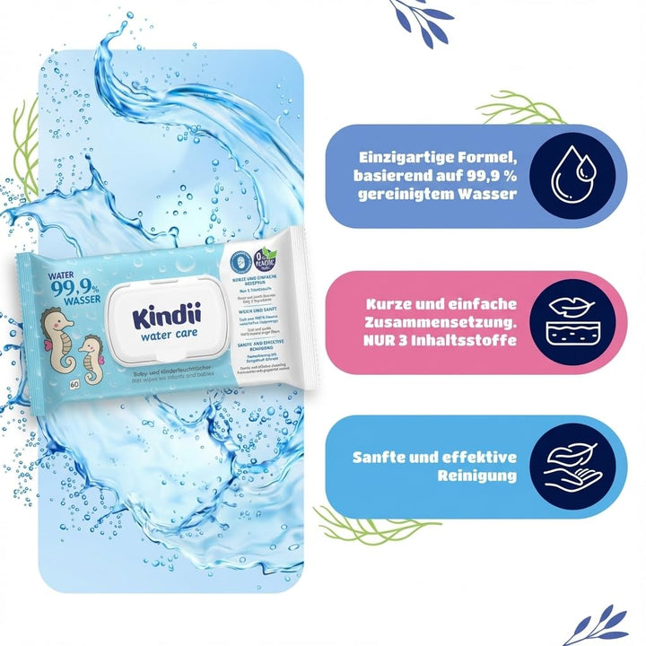 Baby Feuchttücher 99,9% Wasser - Kindii Water Care - 100% Viskose Wasserbasis Wipes 100% Biologisch