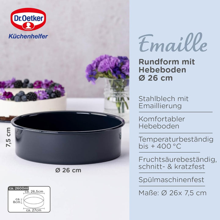 Dr. Oetker 2362 mit Hebeboden Ø 26 cm BACK-LIEBE EMAILLE, runde Backform mit schnitt- & kratzfester
