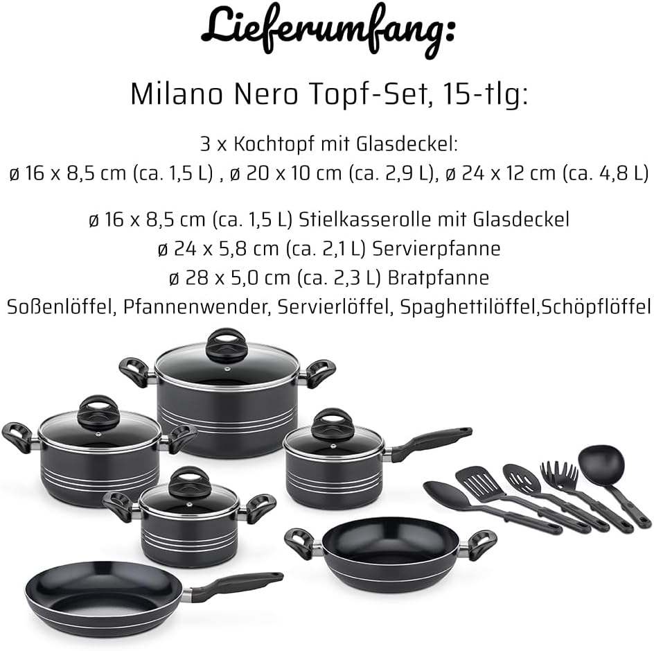 GSW Kochtopf Set Milano Nero, 15-teilig, Hochwertiges Topfset für Induktion, Ceran & Gas, Antihaftbe