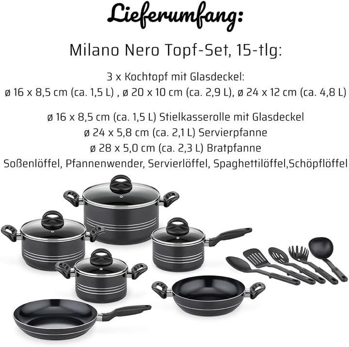 GSW Kochtopf Set Milano Nero, 15-teilig, Hochwertiges Topfset für Induktion, Ceran & Gas, Antihaftbe