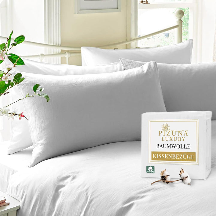 Pizuna Luxuriöser Soft-Satin 2er Pack Kissenbezug 40 x 80 cm Weiss, 800 Fadenzahl Baumwolle Quadrati