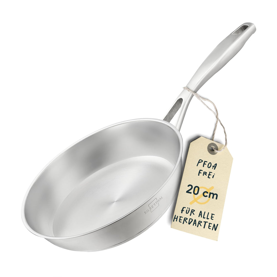 SILBERTHAL Edelstahl Pfanne Unbeschichtet - Induktion - Profi Bratpfanne 20cm - Röstaromen - Ofenfes