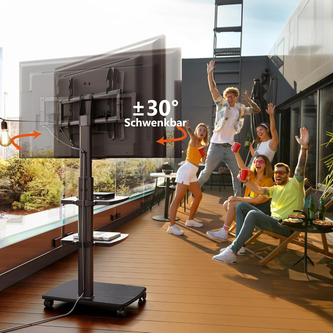 FITUEYES TV Bodenständer Rollbar mit 3 Ablagen TV Standfuss TV Ständer Fernsehstand mit Rollen höhen