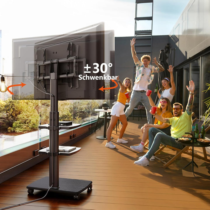 FITUEYES TV Bodenständer Rollbar mit 3 Ablagen TV Standfuss TV Ständer Fernsehstand mit Rollen höhen