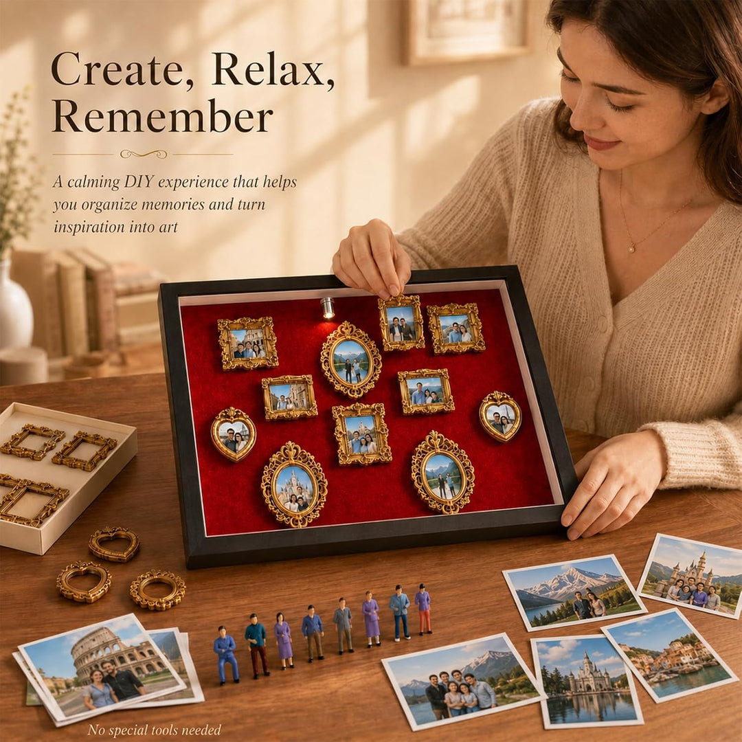DIY Mini Museum Schattenbox mit LED, Erinnerungsrahmen Set | 11 Mini-Frames, 8 Figuren, Holz &amp; Harz,