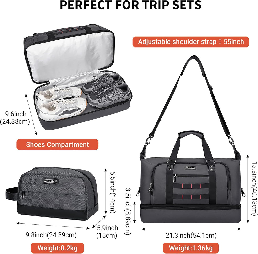 WITZMAN Reisetasche Herren 55L Nylon Weekender Duffle Bag mit Kulturbeutel | Mehrere Taschen mit Sch
