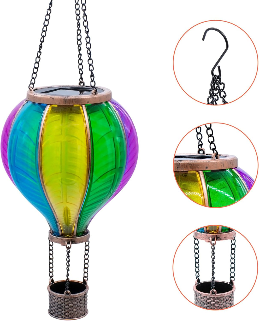 Solar LED Heissluftballon Lampe bunt zum Hängen - 45 cm - Garten Lichtspiel mit Flammen Effekt warm