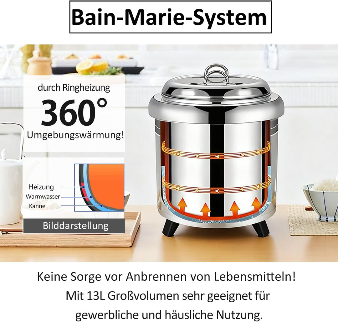 Kurflo Elektrischer Suppenwärmer 13L, Edelstahl, mit Temperaturregelung. Für Restaurant, Küche, Buff