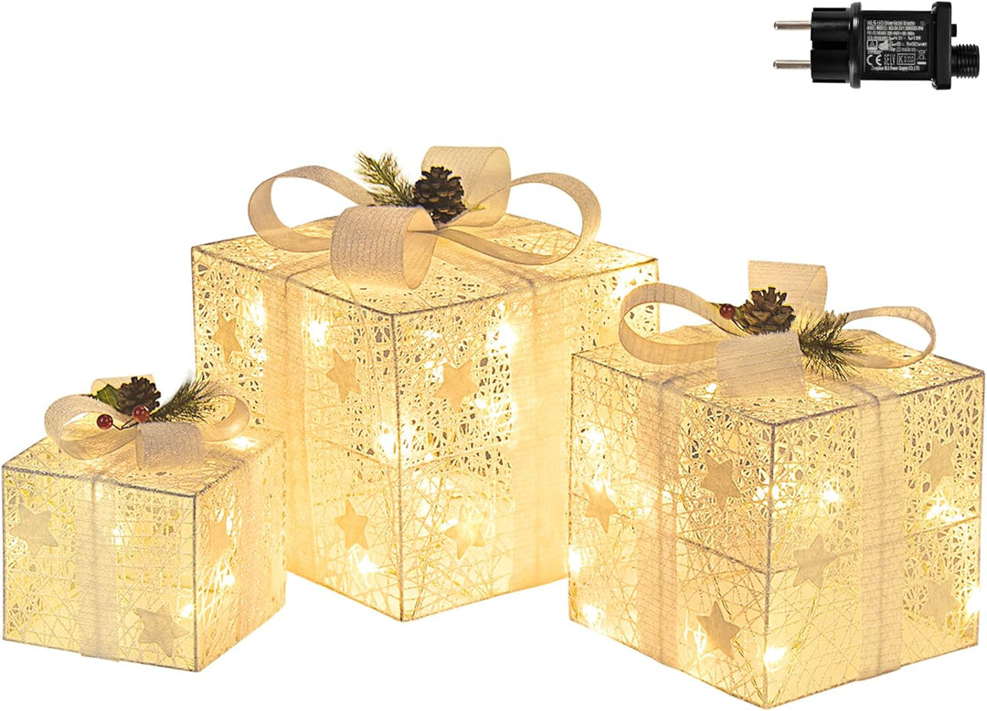GIGALUMI 3er Set LED Geschenkbox mit Schleife Leuchtend Geschenkeboxen Lichtbox Weihnachts Dekoratio
