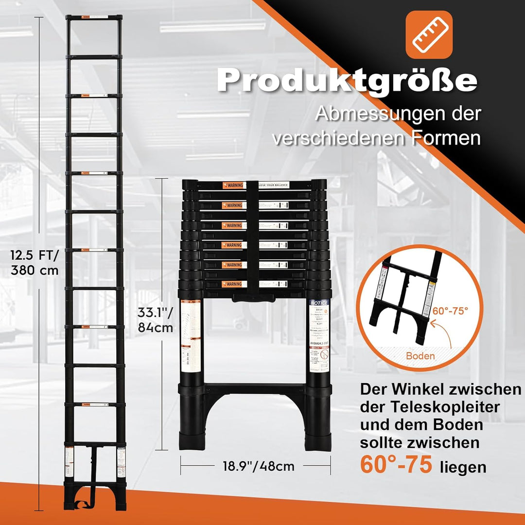 HBTower Teleskopleiter 3,8m mit rutschfesten Füssen, Leichte Ausziehleiter, Leiter Ausziehbar, klapp