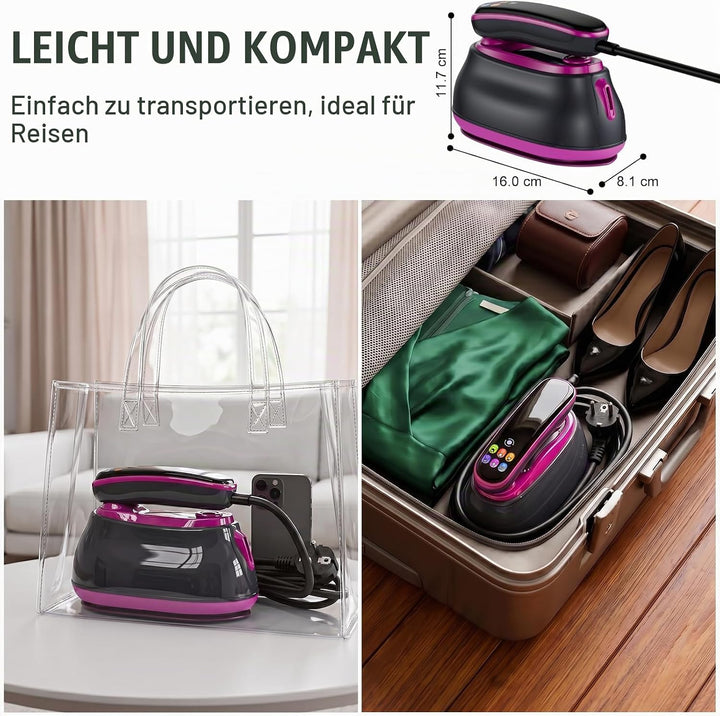 Dampfglätter 2 in 1, Handdampfglätter 1300 W, tragbar, Kleidung, Reisebügeleisen, Touchscreen, mehre
