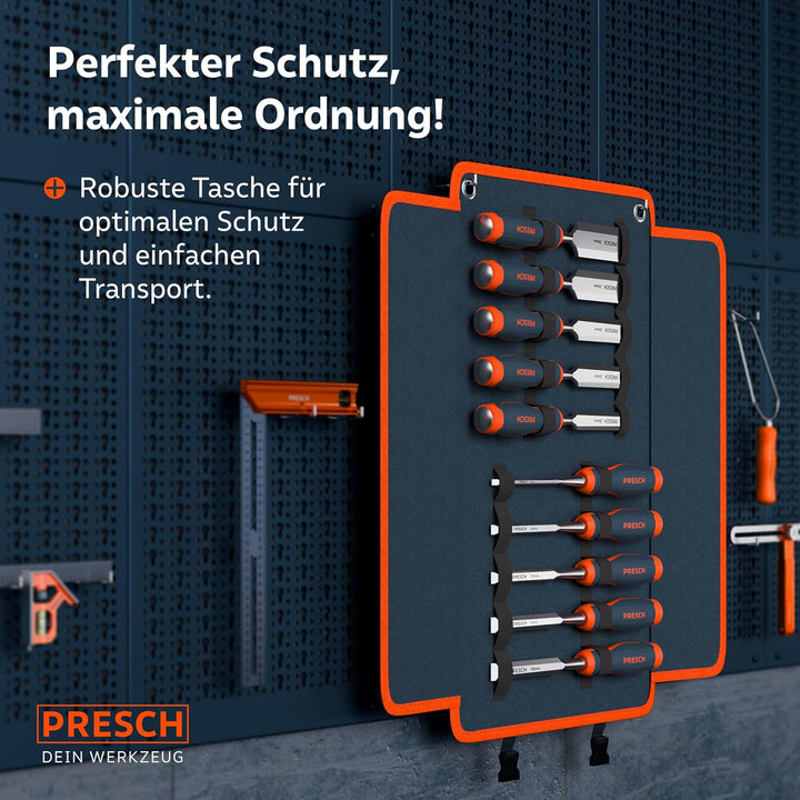 Presch Stechbeitel Set für Holz 10tlg. inkl. Tasche - Fertig geschliffene Stemmeisen (6, 10, 12, 16,