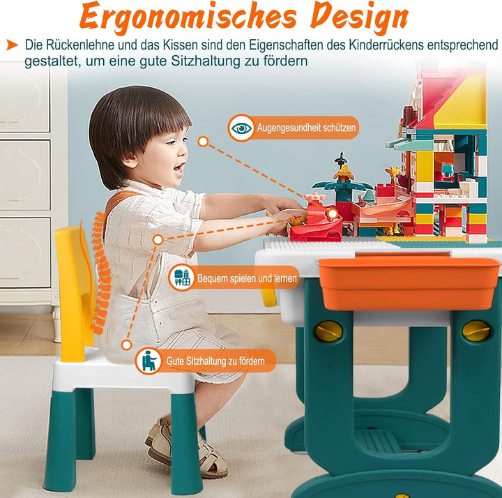 6-in-1 Kindertisch mit 2 Stühle, Kinder Spieltisch mit 300 Bausteinen, Doppelseitiger Tischplatte, M