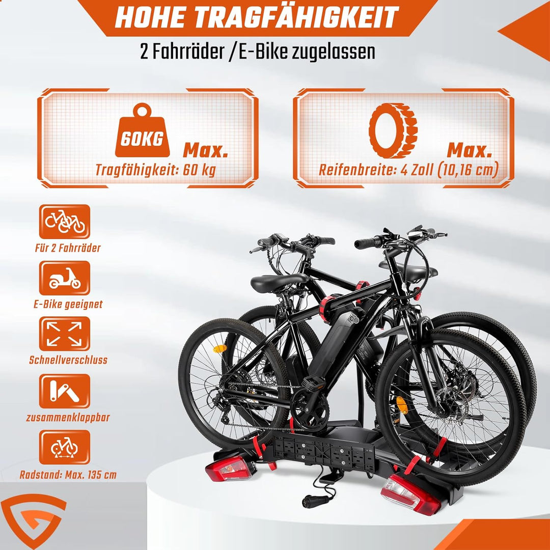 Fahrradträger E-Bike geeignet, Teilweise Vormontage, Diebstahlschutz, für 2 Fahrräder, für Anhängeku