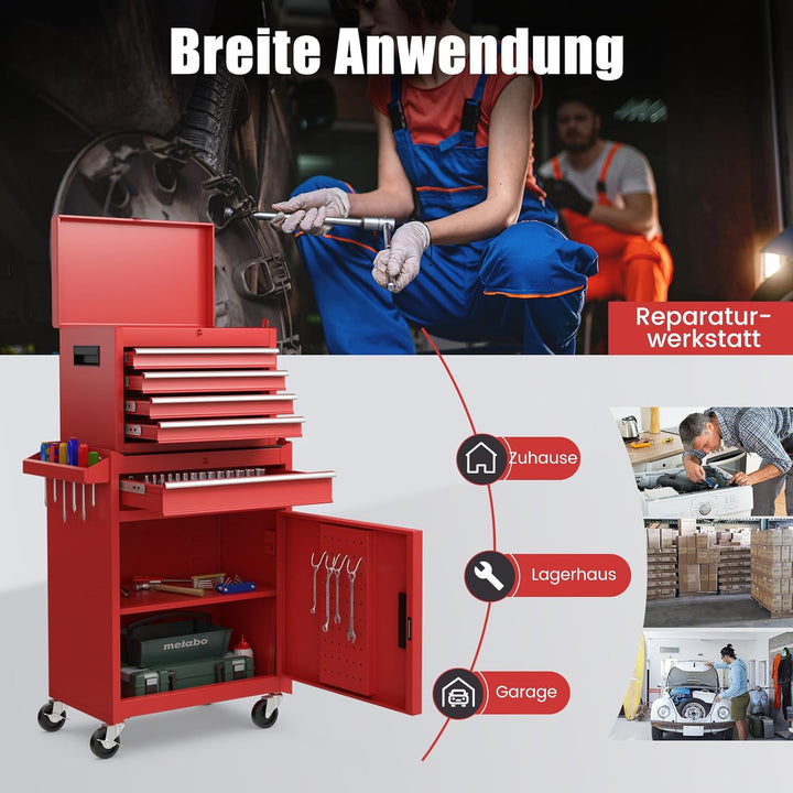 GYMAX Werkstattwagen mit 5 Schubladen, 2 in 1 Werkzeugschrank mit Haken, verstellbarem Regal & Unive